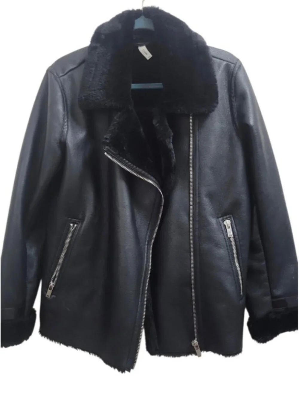 MNG Mango Faux Shearling Moto Jacket M Black Faux Leather Asymmetric Zip Biker - Picture 4 of 14